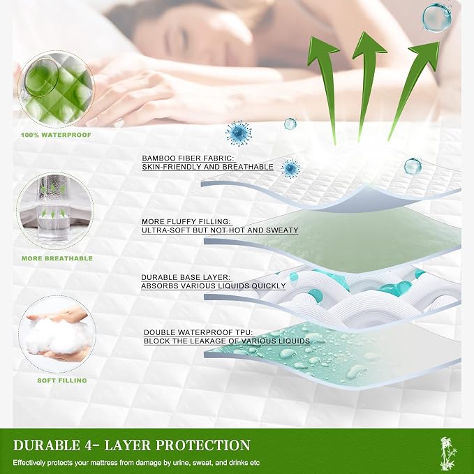 UNILIBRA Full Mattress Pad Waterproof Rayon Made from Bamboo, Fitted Deep - Image 2