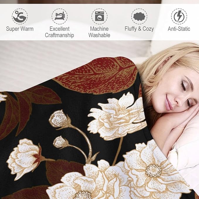 Red Gold Floral Blanket, Boho Dark Flower Leaves Chinese Plum Blossoms - Image 4