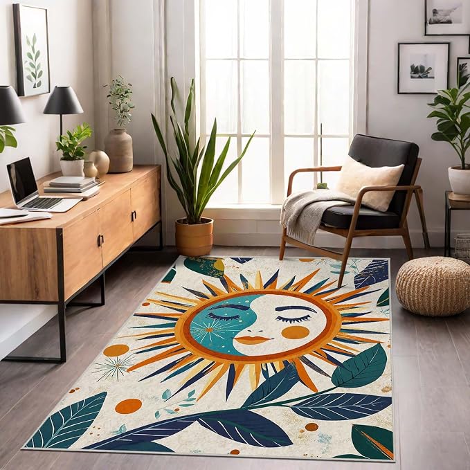 5x7 Sun and Moon Area Rug Leaf Orange Yellow Blue Beige Rug Non Slip Low Pile - Image 4