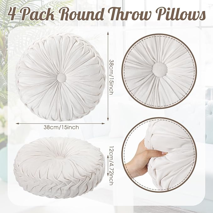 4 Pcs Round Throw Pillows 15 Inch Decorative Velvet Pleated Pumpkin Floor Boho - Image 2