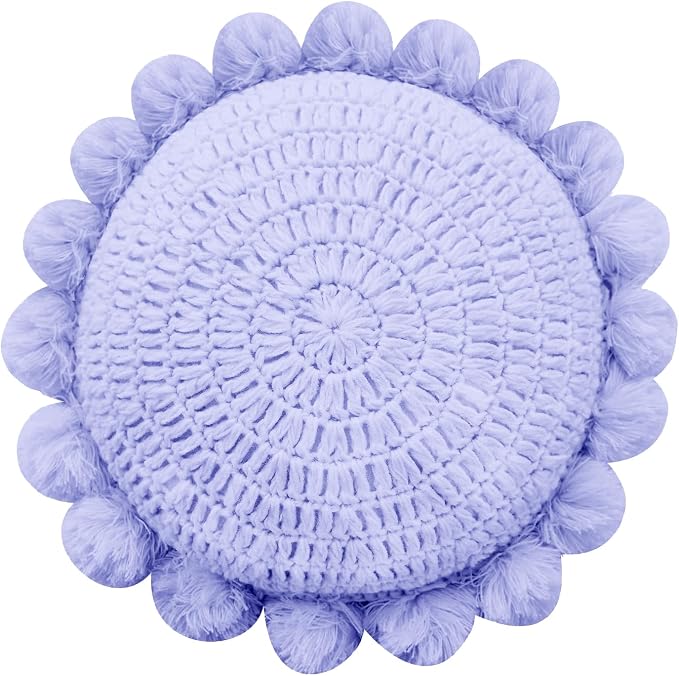 Boho Round Throw Pillow with Cute Handmade Pom Poms Tassels 18 Inch, Decorative by Unknown