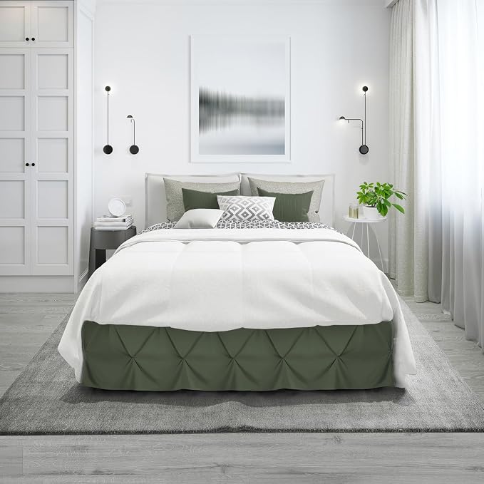 Nestl Olive Green Bed Skirt Queen Size, Pinch Pleat Queen Bed Skirt, Hotel - Image 9