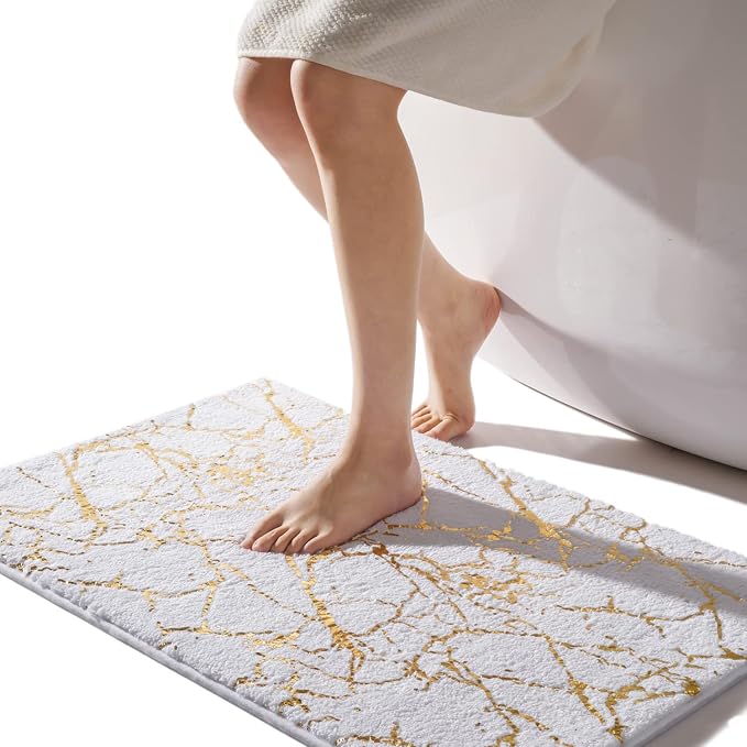 QJHOMO Marble Bathroom Rug White and Gold Decor Bathroom Rugs Non Slip Bath Mat by QJHOMO
