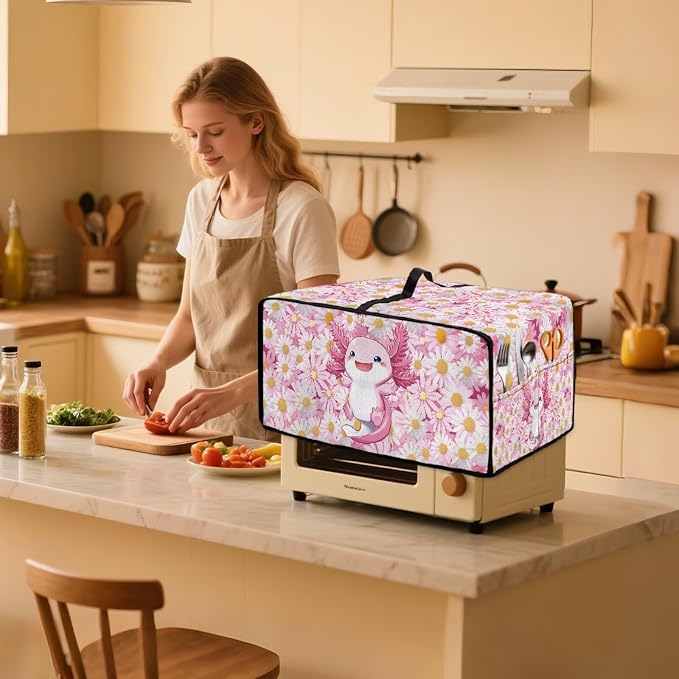 Cute Axolotl Daisy Print Microwave Oven Cover Dust-Proof Microwave Oven Cloth - Image 2
