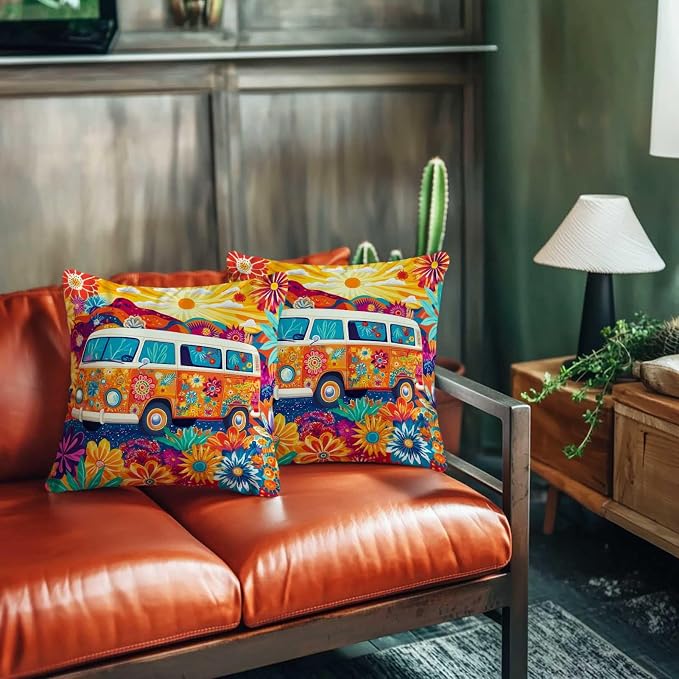 Hippie Van Throw Pillow Covers 18x18 Set of 2 | Home Decor Retro 1960s Cushion - Image 6