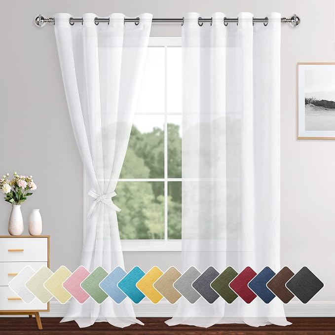 XWZO Faux Linen Sheer Curtains for Living Room, Light Filtering Privacy Solid by XWZO