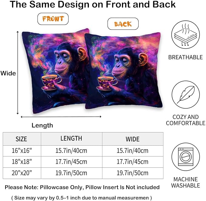 Trippy Monkey Throw Pillow Covers Set of 2 | Hippie Decorative Square Cushion - Image 2