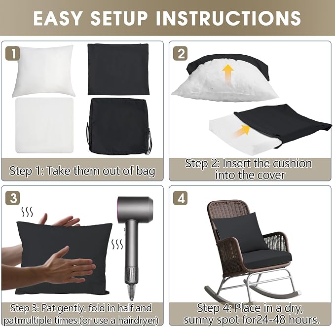 Outdoor Seat Cushion Set 24 x 24 In, Water-Resistant & Fade-Resistan, Patio - Image 7
