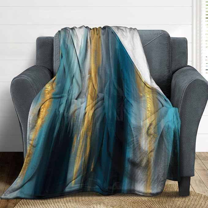 Fashion Gradient Blanket, Modern Abstract Art Gold Lake Blue Painting Strokes - Image 3