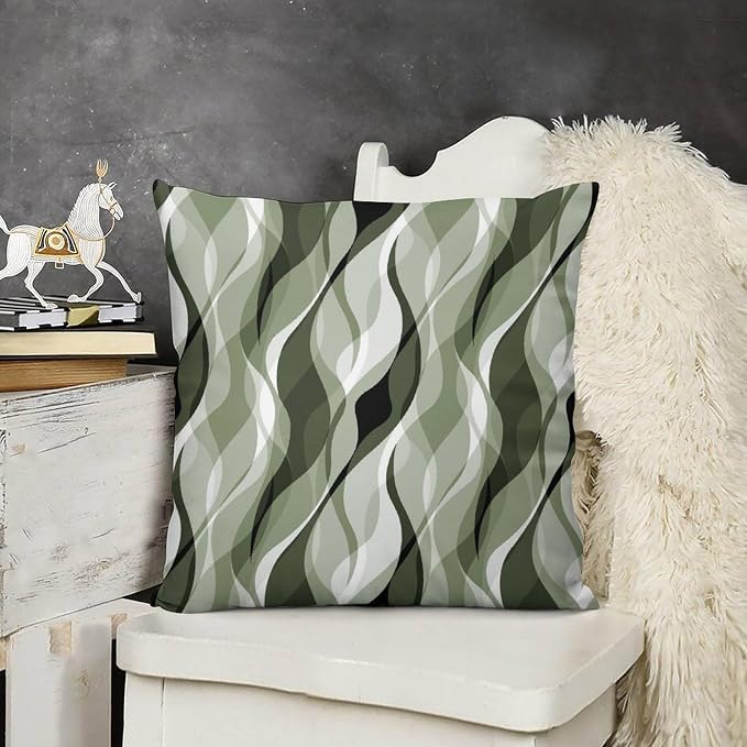 Sage Green Throw Pillow Covers Abstract Ombre Green and Grey Striped Decorations - Image 3