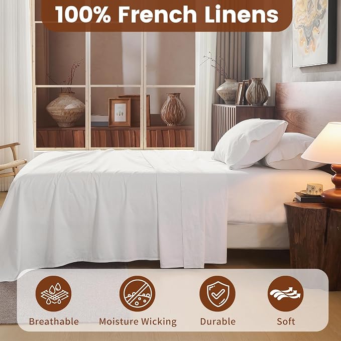 100% Linen Sheets California King Size, Breathable & Durable 4-Piece Bed Flax - Image 2