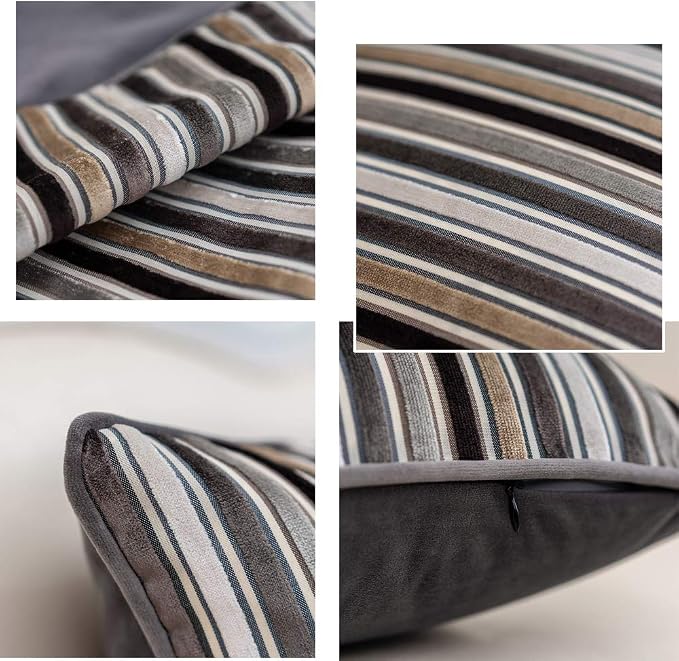 Yangest Grey Striped Throw Pillow Cover Multicolor Velvet Cushion Cover - Image 3