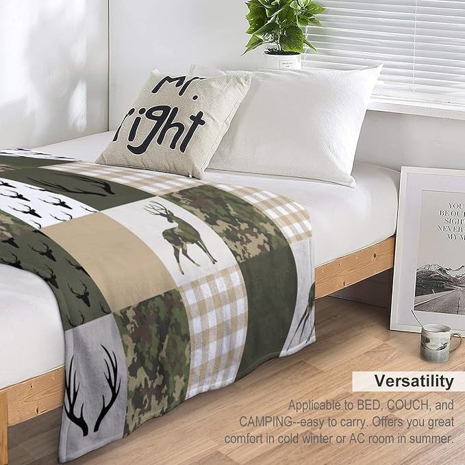 Camouflage Deer Blanket, Vintage Camo Green Beige Plaid Rustic Cabin Wildlife - Image 5