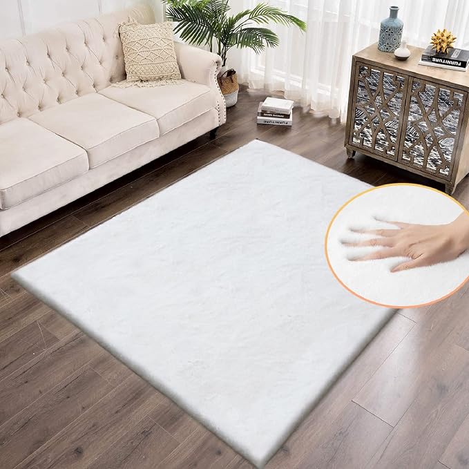 White Faux Fur Rug 5x8 Rugs for Living Room Shag Washable Area Rug Fuzzy Rugs by ORINOVA