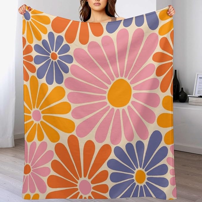 1970s Hippie Floral Throw Blanket, Retro Orange Pink Blue Flower Boho Groovy - Image 8