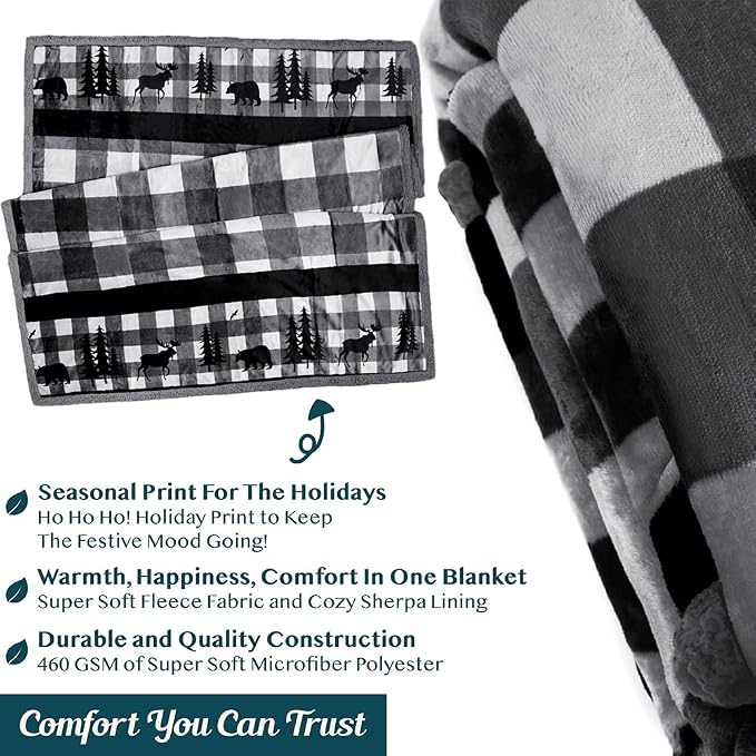 Pavilia Winter Cabin Sherpa Blanket Throw Twin | Flannel Fleece Christmas Plaid - Image 3