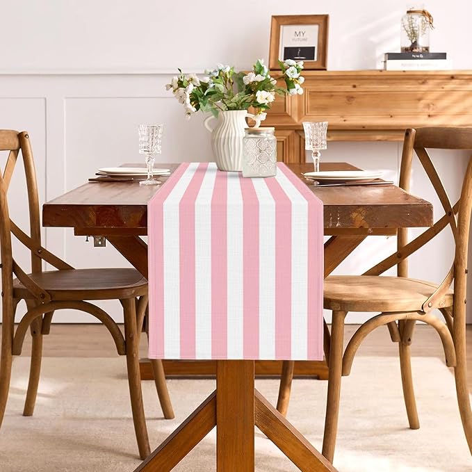 Pink and White Vertical Striped Table Runner Light Pink Birthday Party - Image 4