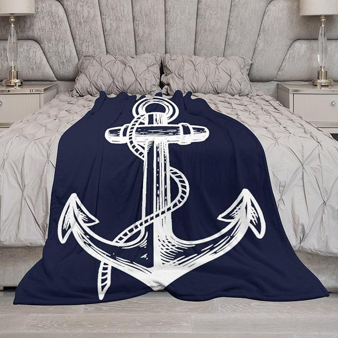 Anchor Blanket Retro Abstract Nautical Navy Blue White Soft Cozy Lightweight - Image 5