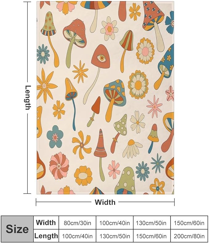 70s Mushroom Throw Blanket, Retro 60s Groovy Mushroom Boho Hippie Flowers Print - Image 2