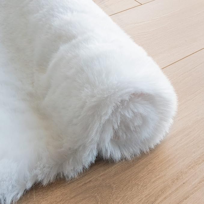 White Shag Round Rugs 8ft for Dining Room Table Faux Bunny Machine Washable Fur - Image 8