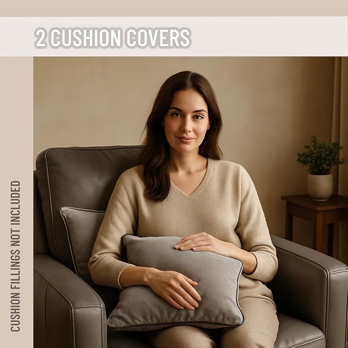 2 Pack Velvet Decorative Throw Pillow Covers, Dove Grey, Contrast Piping - Image 3