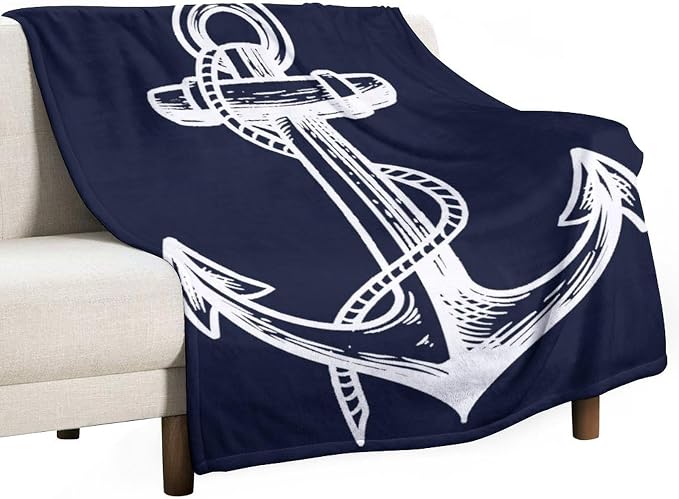 Anchor Blanket Retro Abstract Nautical Navy Blue White Soft Cozy Lightweight by JADERYS