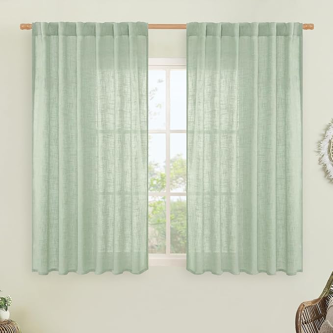 LAMIT Fresh Green Linen Curtains 54 Inch Length, Light Filtering Panels Back by LAMIT