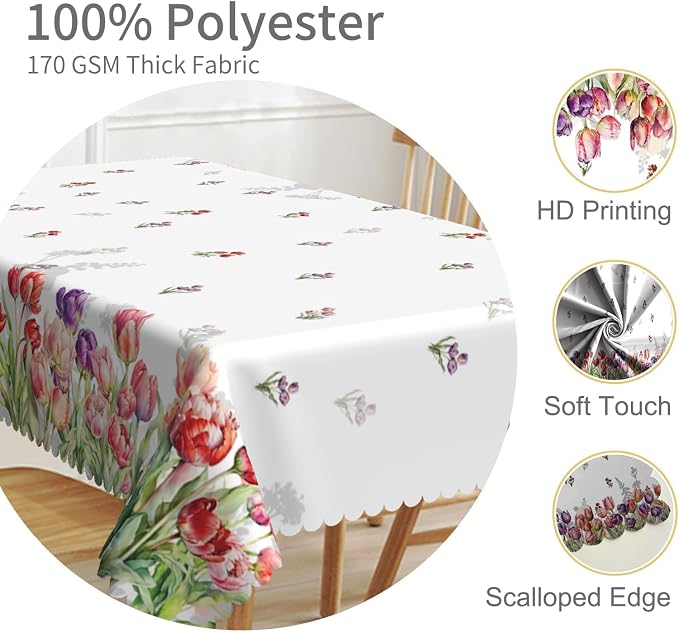 54x70inches Floral Tablecloth Red Purple Tulip Flowers Blooming Rectangle Table - Image 3