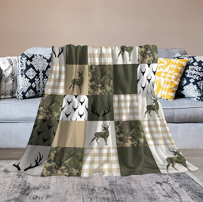 Camouflage Deer Blanket, Vintage Camo Green Beige Plaid Rustic Cabin Wildlife - Image 6