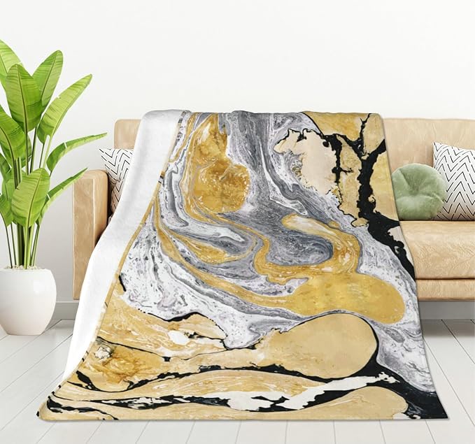 HGOD DESIGNS Gold Golden and Silver Marble Ink Abstract Painting Flannel Fleece by HGOD+DESIGNS