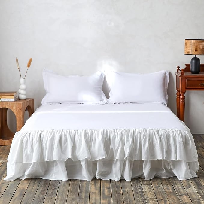 BISELINA White Ruffled Bed Skirt 18-Inch Tailored Drop Cotton Voile Dust Ruffle by BISELINA
