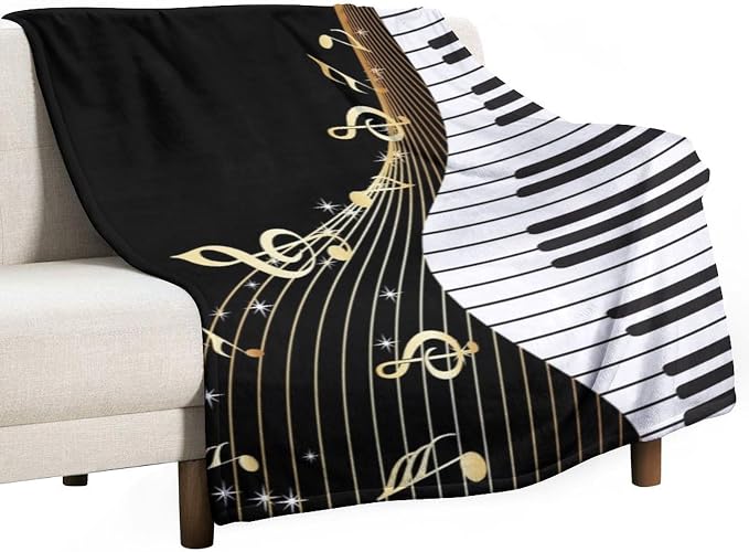 Music Note Blanket Black White Piano Keys Gold Music Note Soft Cozy Lightweight by JADERYS