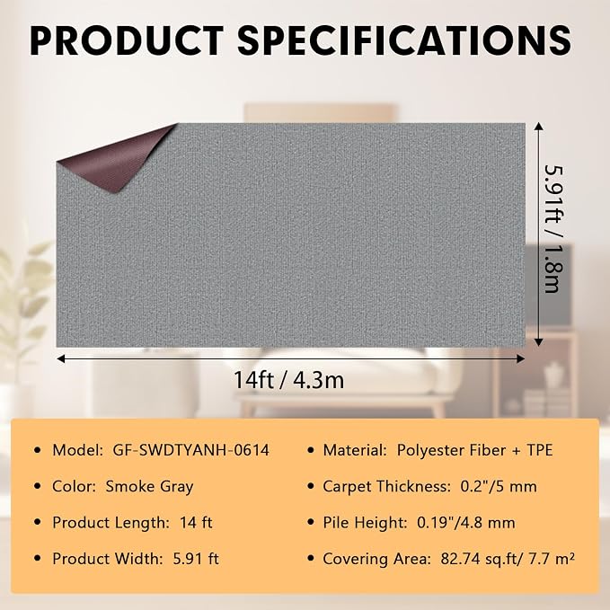 Marine Carpet, 6 FT x 14 FT Smoke Gray Indoor Outdoor Carpet 0.2" Thick Boat - Image 2