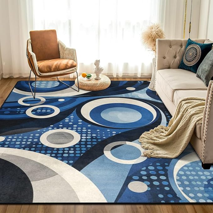 9CH Modern Wavy Circles Area Rug 7' X 5' Navy Blue Abstract Geometric Washable - Image 5