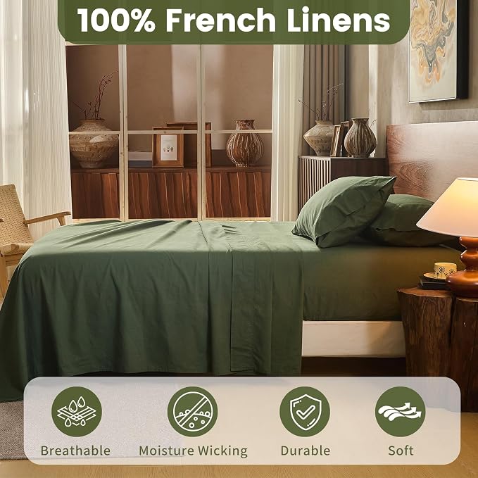 100% Linen Sheets California King Size, Breathable & Durable 4-Piece Bed Flax - Image 2