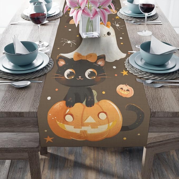 Halloween Table Runner, Pumpkin Linen Table Runner, Kitchen Dining Coffee Table by Hliyty