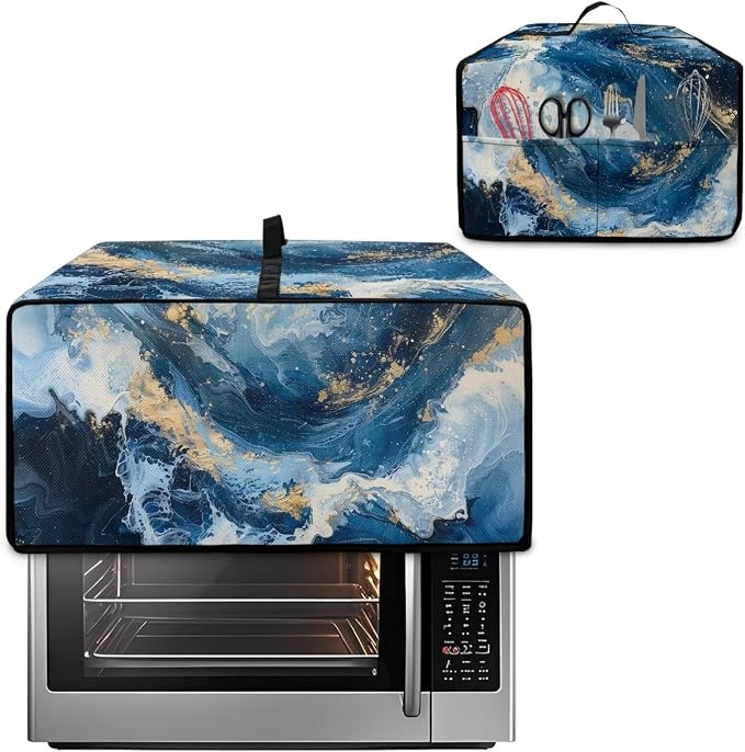 Blue Golden Marble Texture Print Microwave Oven Cover Dust-Proof - Image 2