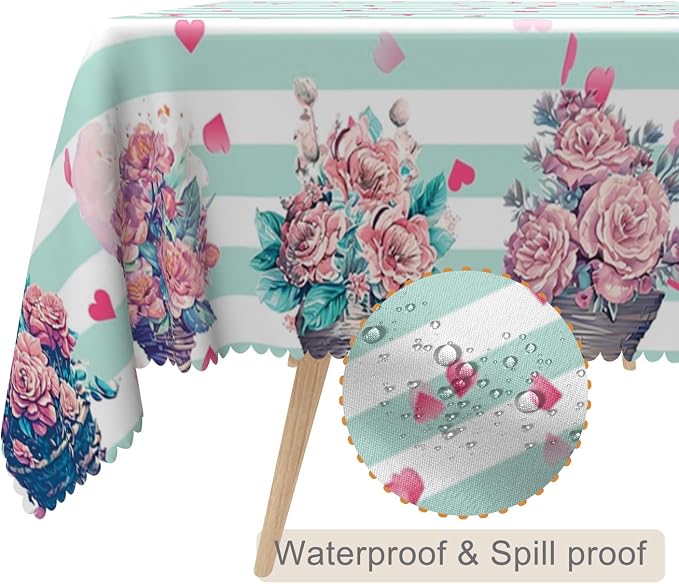 60x84inches Mint and White Stripes Tablecloth Pink Flowers Hearts Printed Table - Image 2