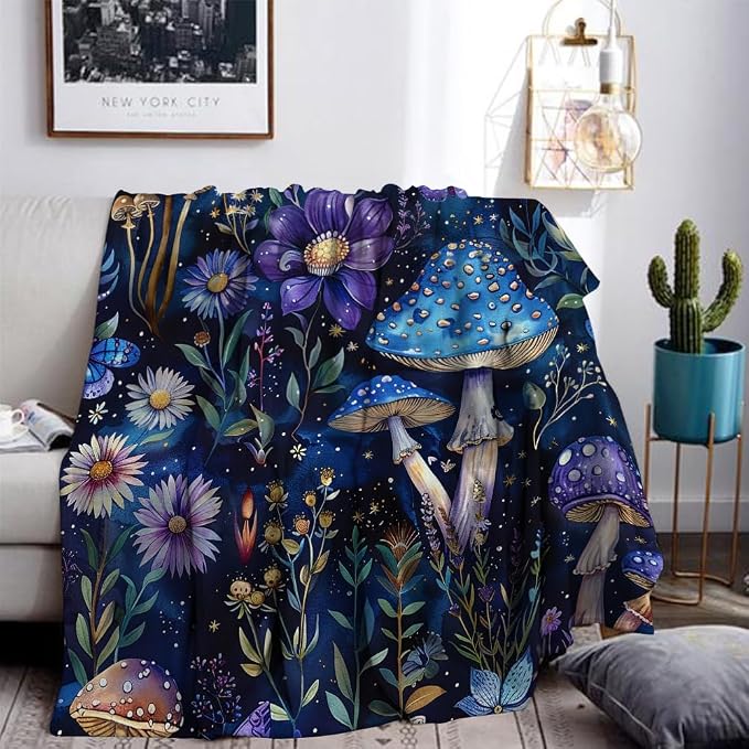 Cute Whimsical Mushroom Throw Blanket Aesthetic Dark Botanical Florals Throw - Image 3