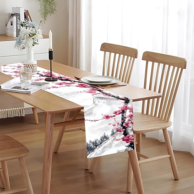 Asian Plum Blossom Table Runner – Elegant Ink Wash Cherry Flower Design – - Image 5