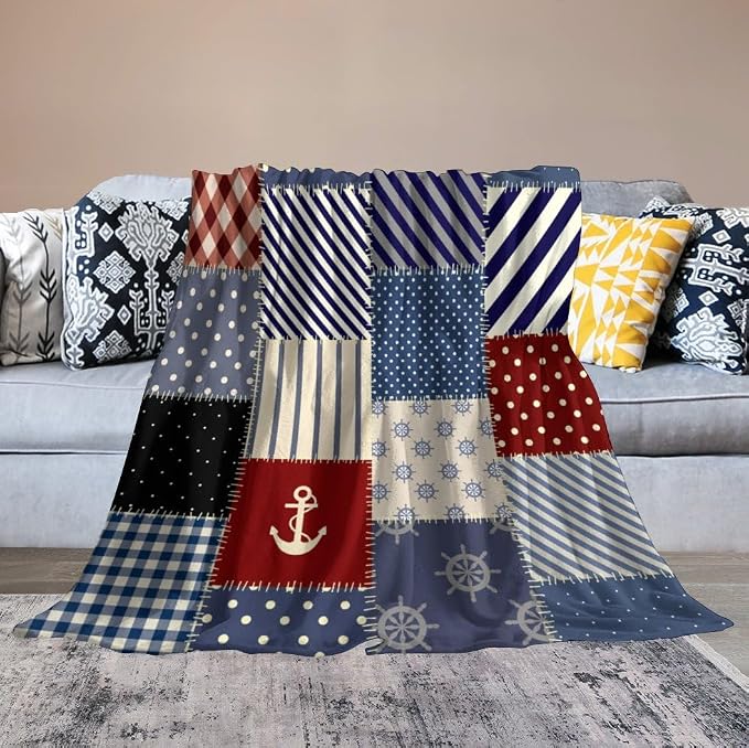 Nautical Blanket Vintage Coastal Rustic Red Blue White Polka Dot Stripe Anchor - Image 4