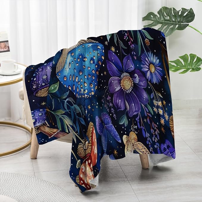 Cute Whimsical Mushroom Throw Blanket Aesthetic Dark Botanical Florals Throw - Image 4