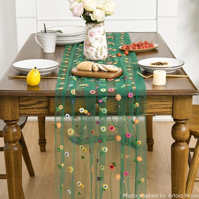 Artoid Mode Dark Green Embroidery Daisy Gauze Table Runner 120 Inch 10FT - Image 2