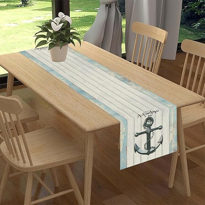 Nautical Anchor Table Runner, Retro Coastal Ship Anchor Wooden Plank Vintage - Image 2