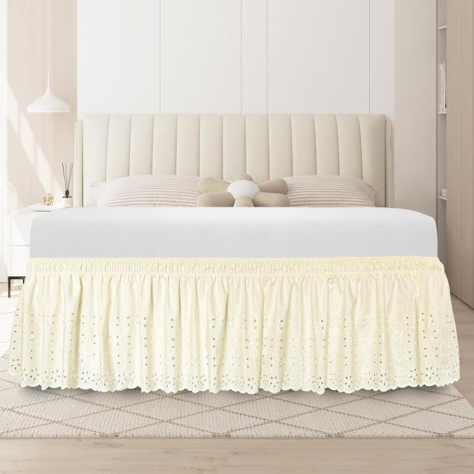 Queen Bed Skirt, Wrap-Around Elastic Ruffled Eyelet Bed Skirt Queen Size Dust by ANARACHON