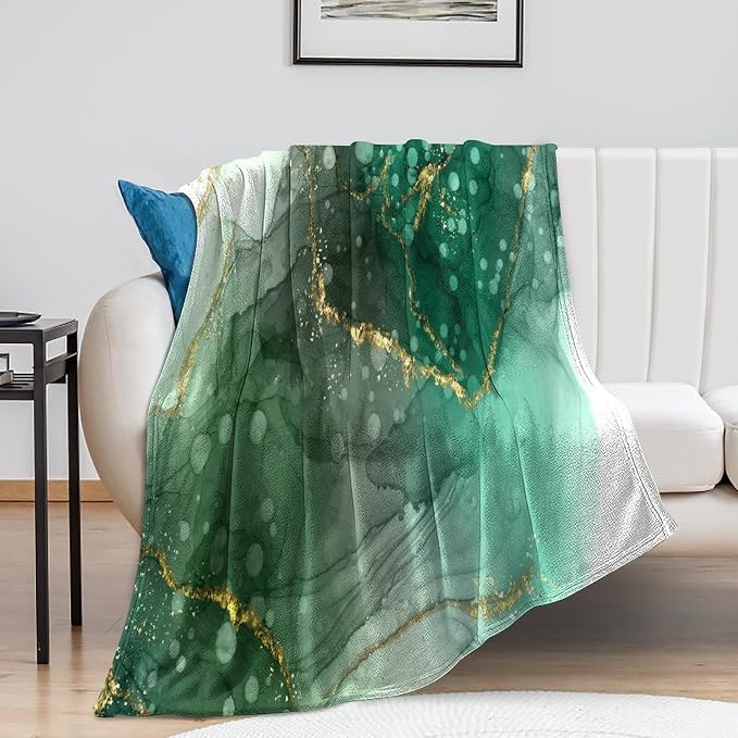 Modern Marble Blanket, Abstract Luxury Baroque Golden Lake Green Stone Veins by Unknown
