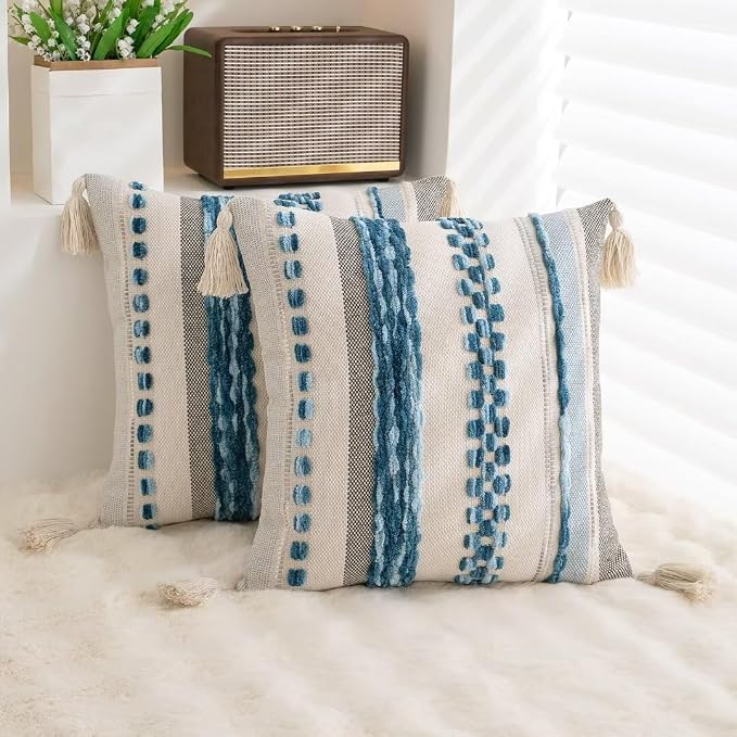 Boho Throw Pillow Covers 18x18 Set of 2 Woven Tufted Farmhouse Pillows Cover - Image 4