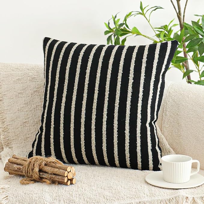 Jonhier Black Striped Boho Throw Pillow Cover, Modern Boucle Textured Square - Image 3