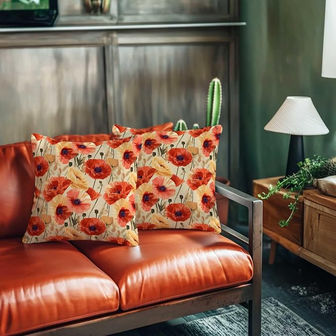 Floral Throw Pillow Covers Set of 2 | Poppy Flower Print Decorative Cushion - Image 6