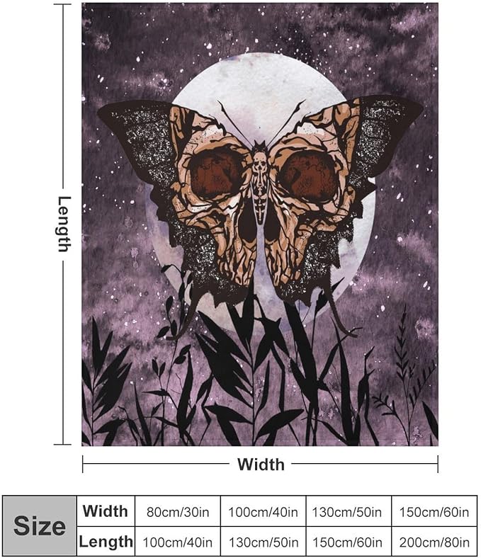 Death Moth Blanket, Boho Gothic Skull Moth Purple Starry Plant Full Moon - Image 2